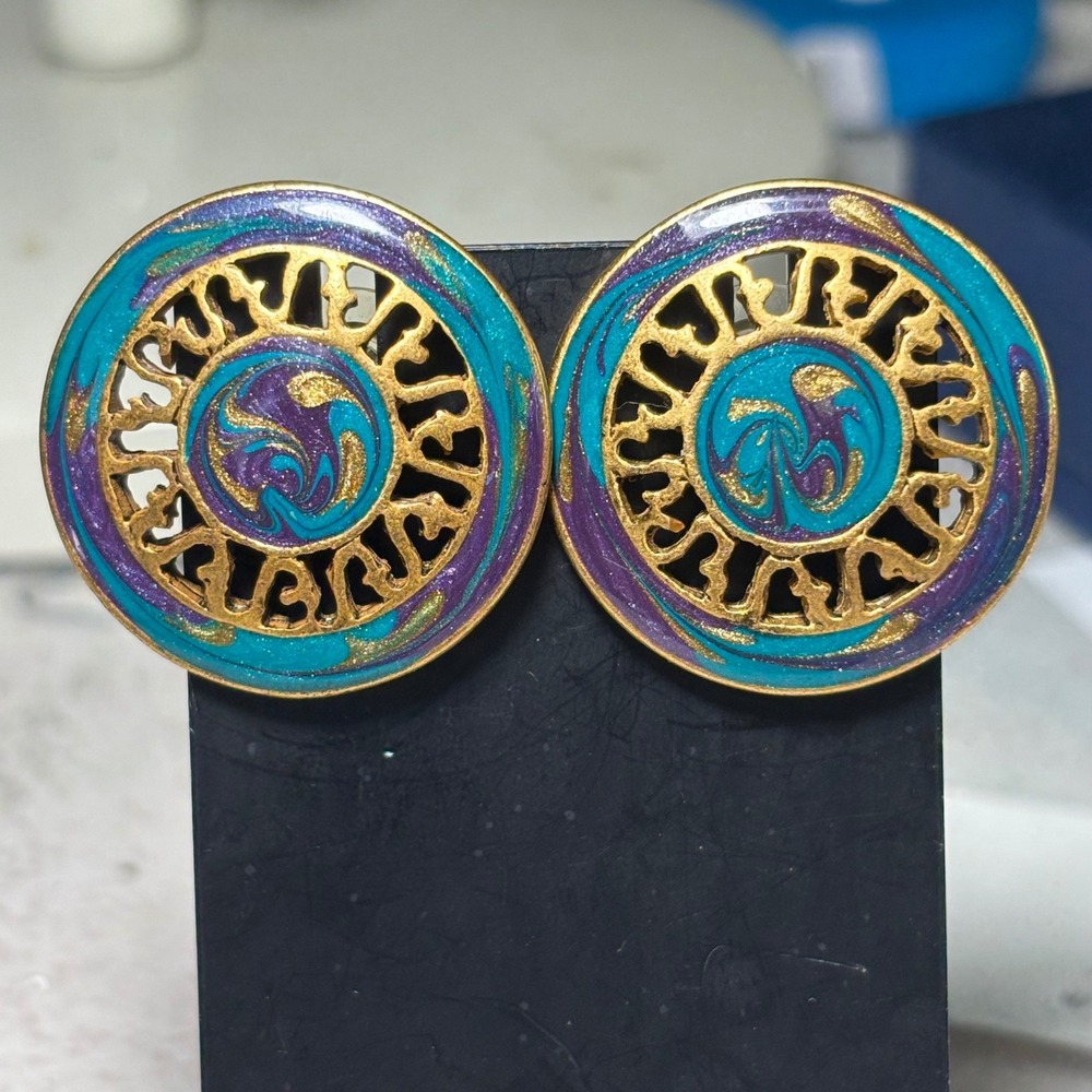 VTG 1980s Givenchy Signed Spellout Enamel‎ Statement Earrings - Gold Teal Purple